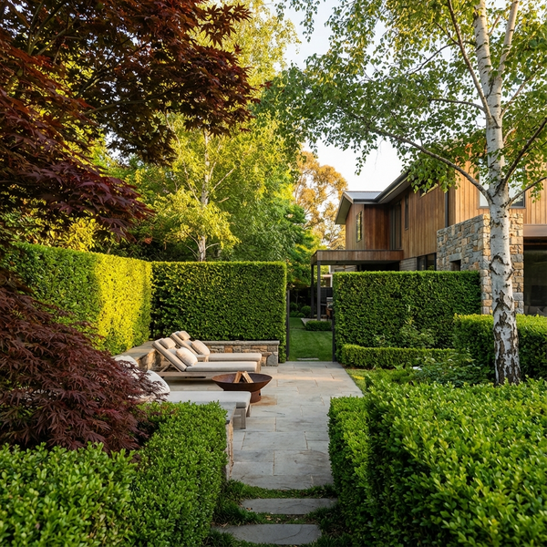 Modern patio with cushioned lounge chairs, stone path, and lush green hedges beside a wooden house.