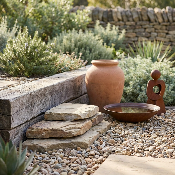 A garden with pebbles, stone slabs, a wooden beam, a clay pot, a bowl, and a small abstract sculpture.
