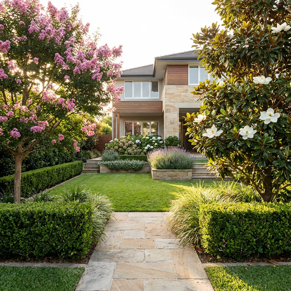 A landscaped garden with flowering trees and shrubs leads to a two-story house with stone accents.