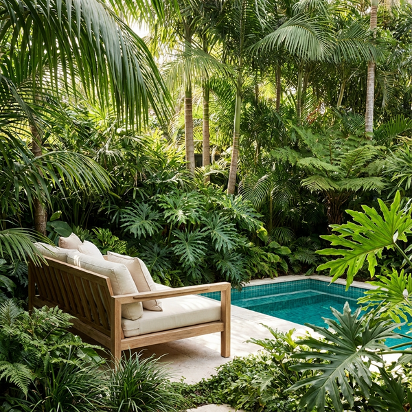 Wooden lounge chair by a small pool, surrounded by lush tropical plants and palm trees.