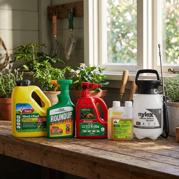 Five garden chemical bottles and a sprayer on a wooden table in a sunlit room with potted plants.