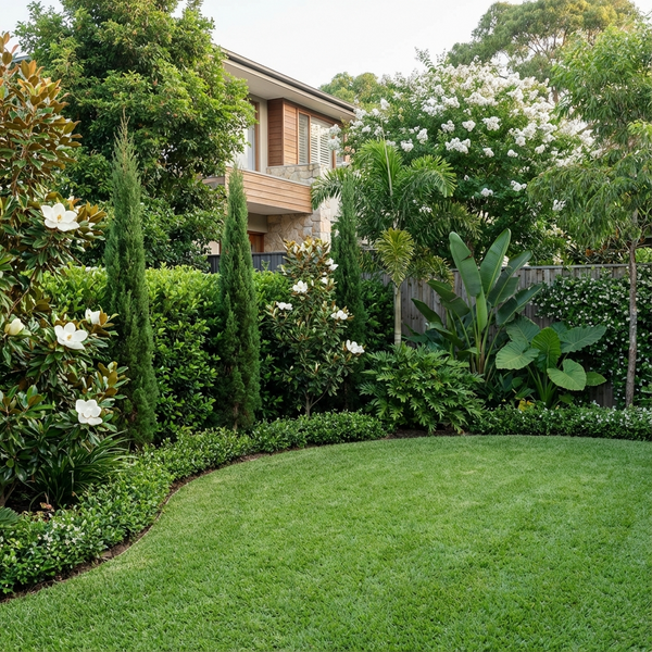 Lush green garden with manicured lawn, flowering shrubs, and tall trees next to a modern house.