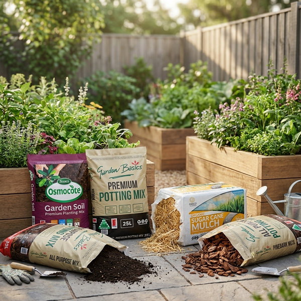 Bags of soil, potting mix, and mulch in a garden with raised planters and gardening gloves nearby.