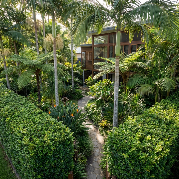 A stone path leads through lush tropical plants to a modern wooden house surrounded by palm trees.