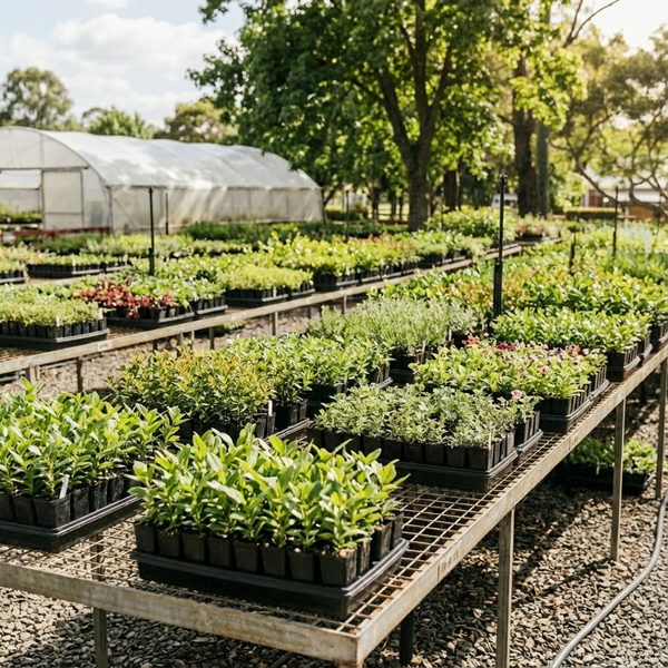 Rows of potted plants on tables at an outdoor nursery, with trees and a greenhouse in the background.