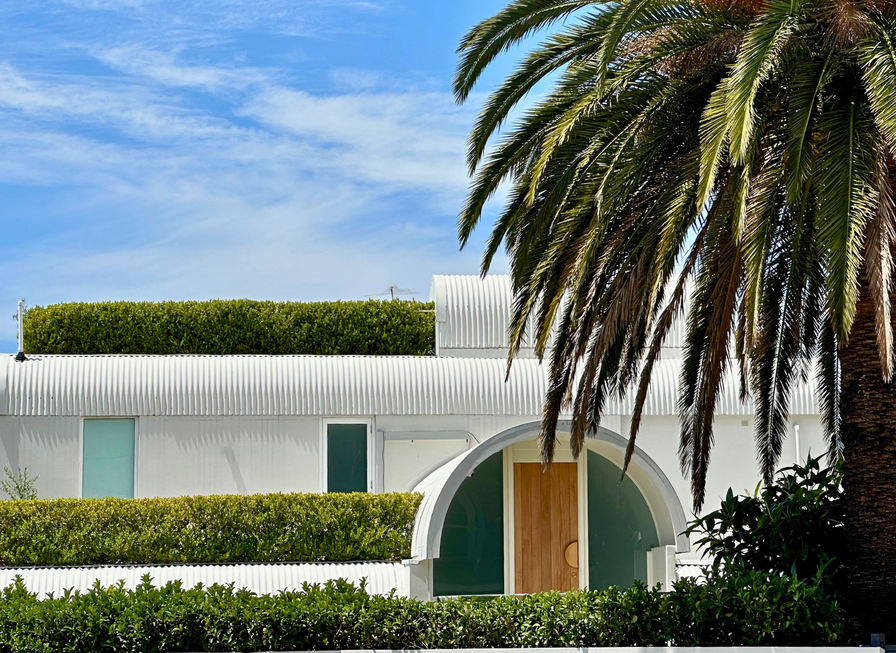Modern white house with curved roof, green hedges, and a large palm tree under a blue sky.