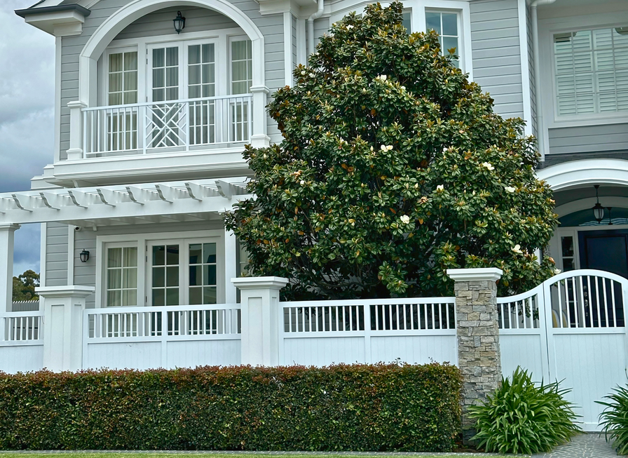 A large tree with white flowers stands in front of a gray house with white trim and a white fence.