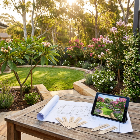A garden table with landscape plans, plant tags, and a tablet, overlooking a lush, blooming backyard.